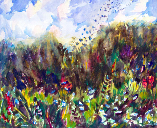 Watercolor Landscape Painting, Painting of Wildflowers, Wildflowers painted, Commission Artist Lisabelle 2008 Art by Lisabelle