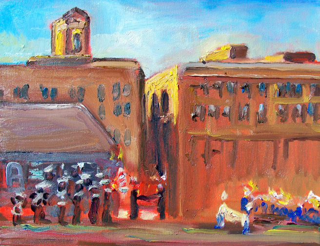 Landscapes by Lisabelle, Amarillo, Texas 11_08, oil on canvas, 11x14" prints available, PARADE READY oil painting of Amarillo, Texas ,Veteran's Day 2008, American Patriotism, Parades in Texas, Texas Architecture
