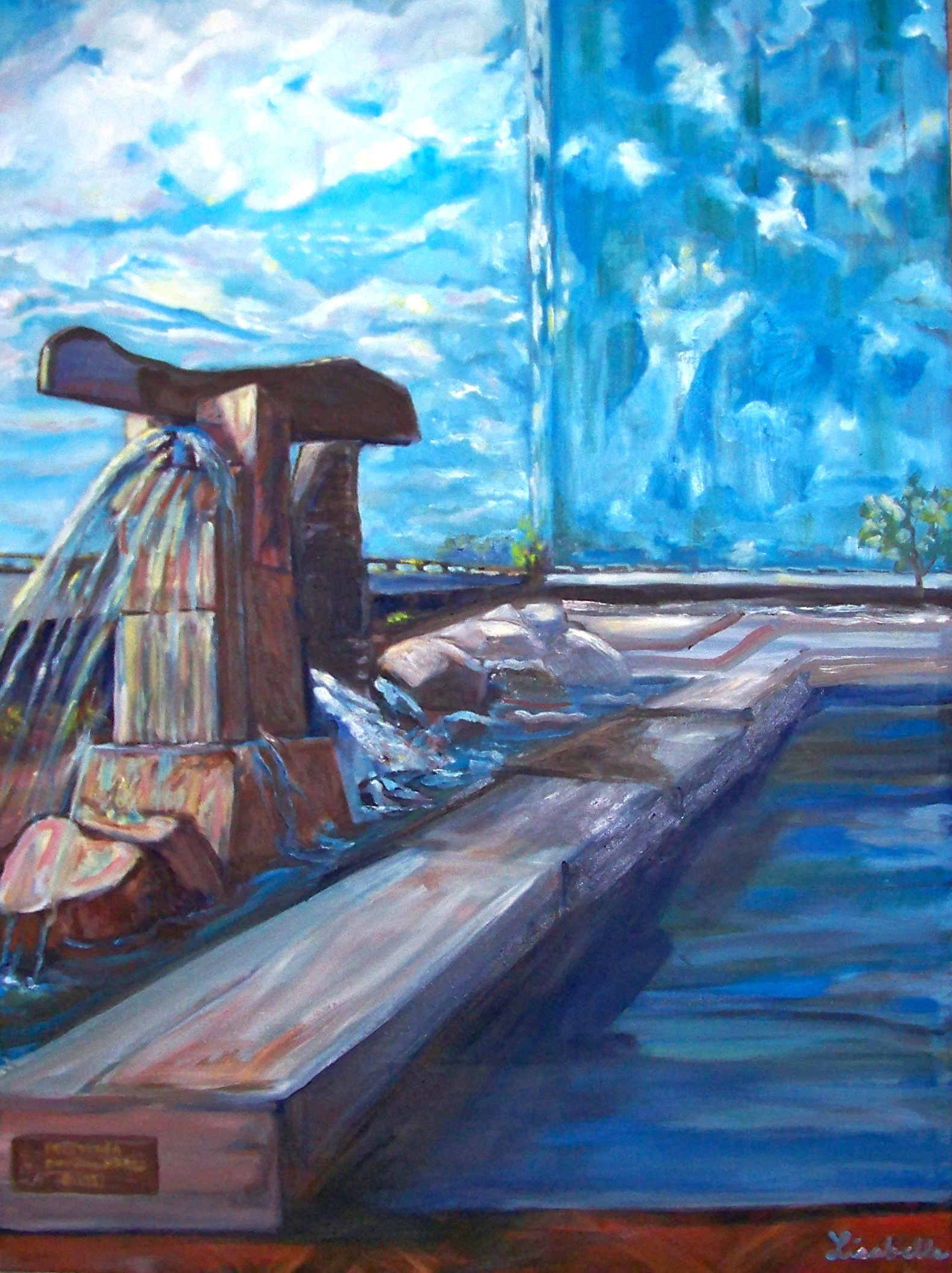 Toledo, Ohio,  53rd Bank, Reflecting pool, Sculpture art Toledo, OH, Surrealism,  Oil painting by Lisabelle 2008, 36 x 48" , Surrealistic Painting by Lisabelle, PEACEFUL REFLECTIONS