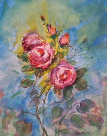 Pink Roses 2008 watercolor flower painting by Lisabelle
