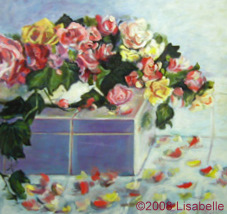 Original Art Floral Painting by Lisa Bell "Roses and Tiles", oil 24x24" Sold 