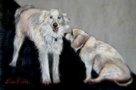  Commissioned Portrait by Lisabelle.  Pastel of two white dogs "Old buddies"