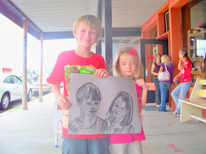 Redbone's Lisabelle original paintings for sale at Redbones in Truth or Consequences, New Mexico.  Portrait sketching on Saturdays, these two brother and sister.  Great fun!