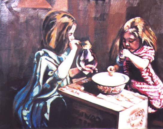 Oil Painting Lisabelle, Canvas 24 x 30" Sold An old time feeling is depicted as an oil painting here.  The inspiration for this oil painting,  is the rare photograph, by an unknown photographer.  An early 19th century, classic Victorian era photo of  two little girls, based on a turn of the century, circa, early 1900's Tin Type photo. This early photograph was typical,  in sepia tone,  in book print, what I saw was a black and white image.  The oil painting is an interpretation, adaptation and application of color, by Lisabelle.  Do you have a family heirloom Tin Type photo?  Let me turn it into a beautiful colorful oil painting.....      Mucho Experienco!